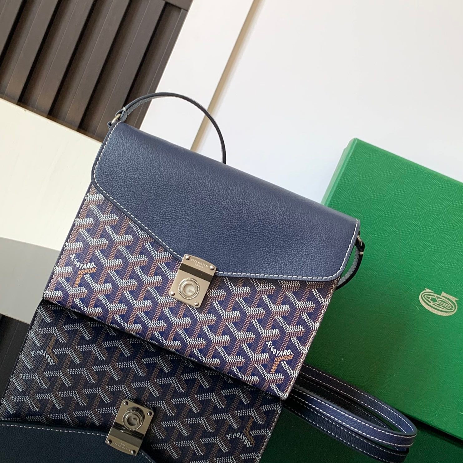 Goyard Chypre Wallet-Pouch 21 Cm Navy Blue Goyardine Canvas And Calfskin