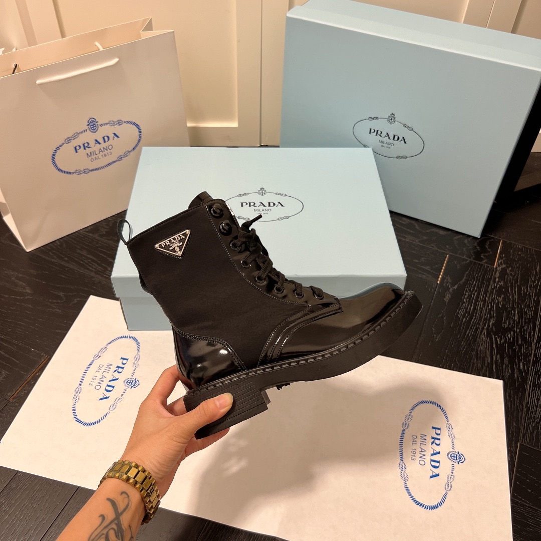 Prada Brushed-Leather And Re-Nylon Boots Shiny Black