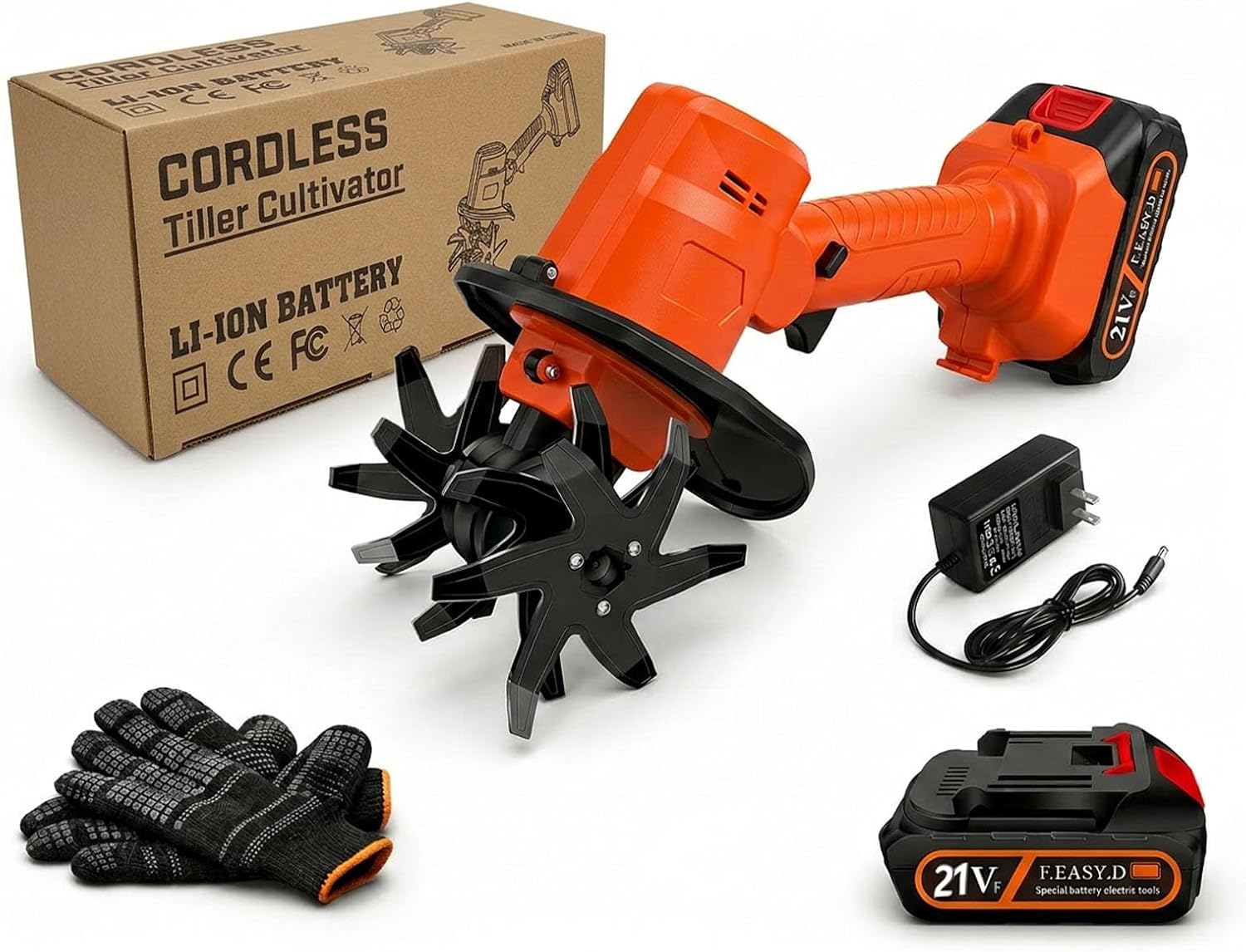 2026 New 24V 2 in 1 Cordless Tiller and Cultivator with Extension Pole,Cordless Tiller Cultivator,Handheld Tiller and Hand Held Cultivator for Garden,Weeding,Trenching (Orange (1*Battery))