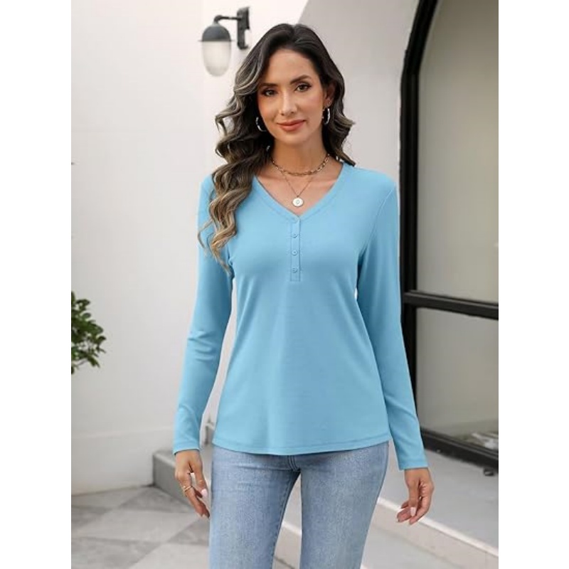 Women's Long Sleeve V‑Neck Henley Tops