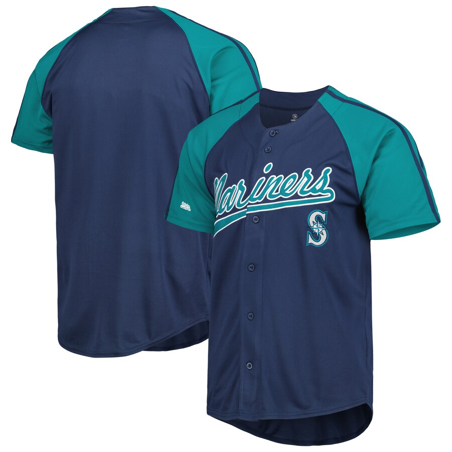 Seattle Mariners Stitches Button-Down Raglan Fashion Jersey Navy