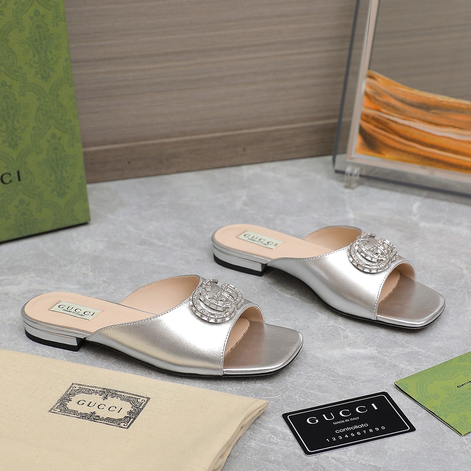 Gucci Gg Crystal Slippers Silver