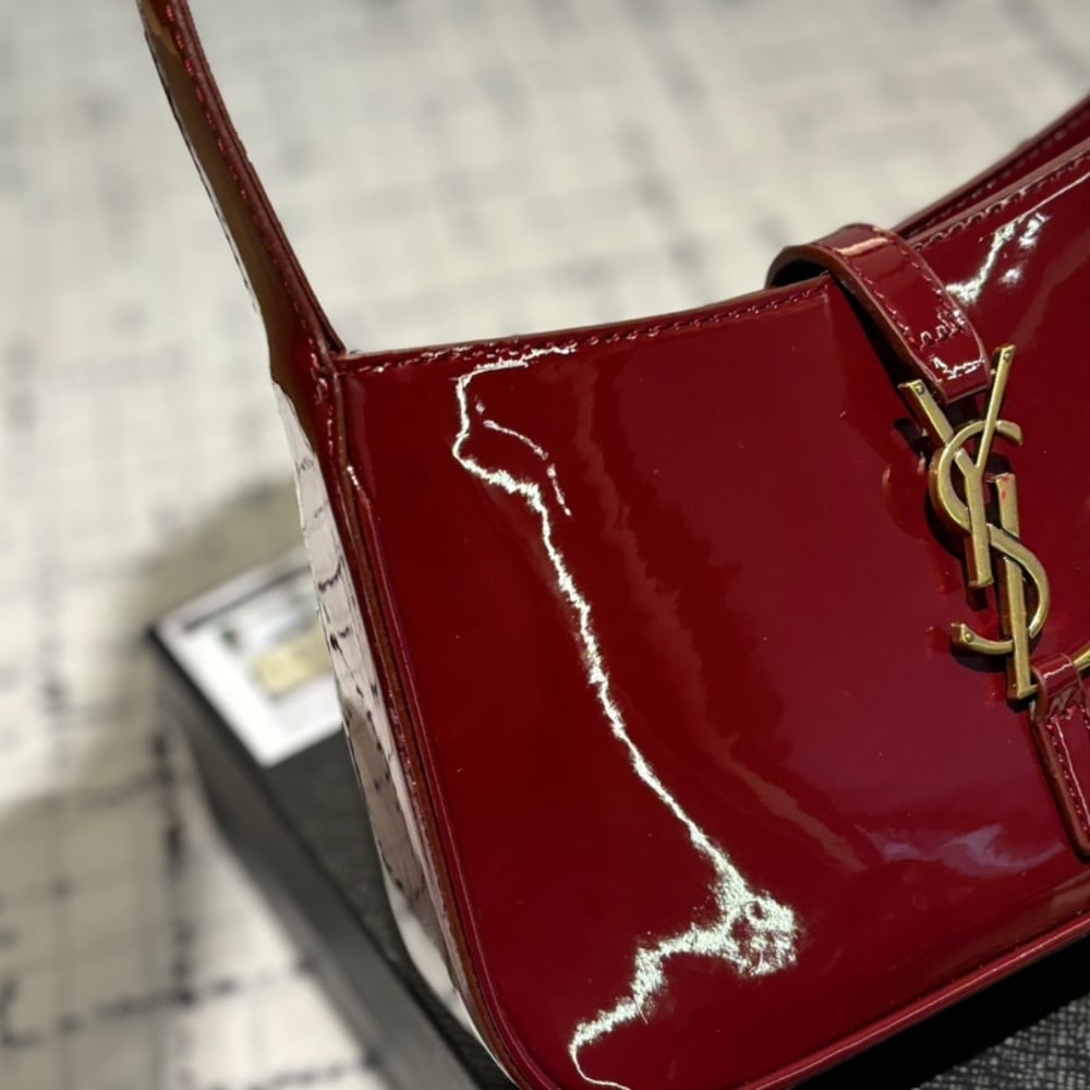 Saint Laurent Le 5 A 7 Patent Hobo Bag In Shiny Leather Wine Red 25Cm