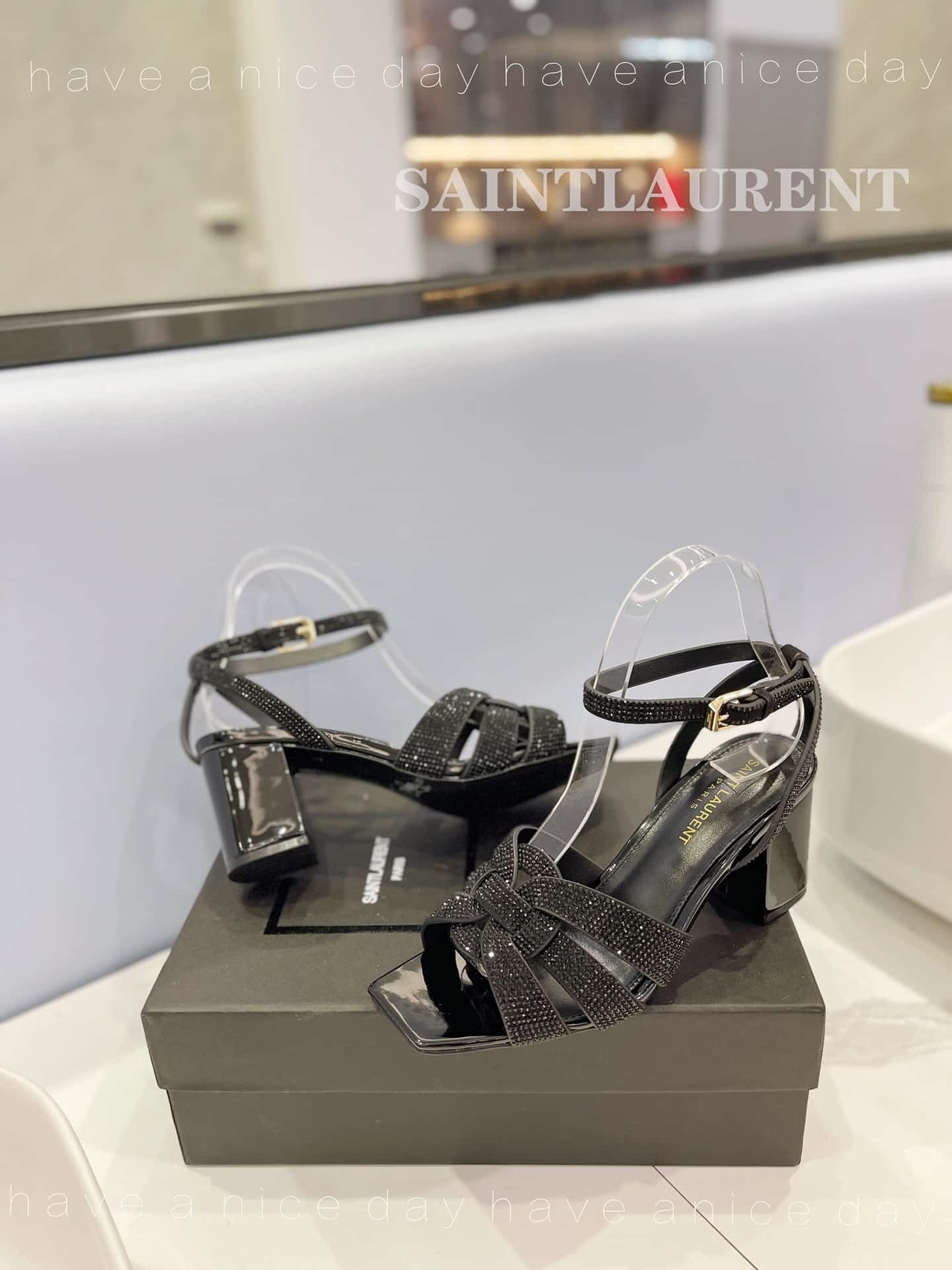 Saint Laurent Tribute Leather Sandals Metallic Black