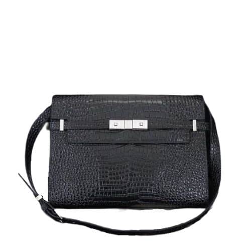 Saint Laurent Manhattan Shoulder Bag In Crocodile Embossed Shiny Black Silver 25Cm