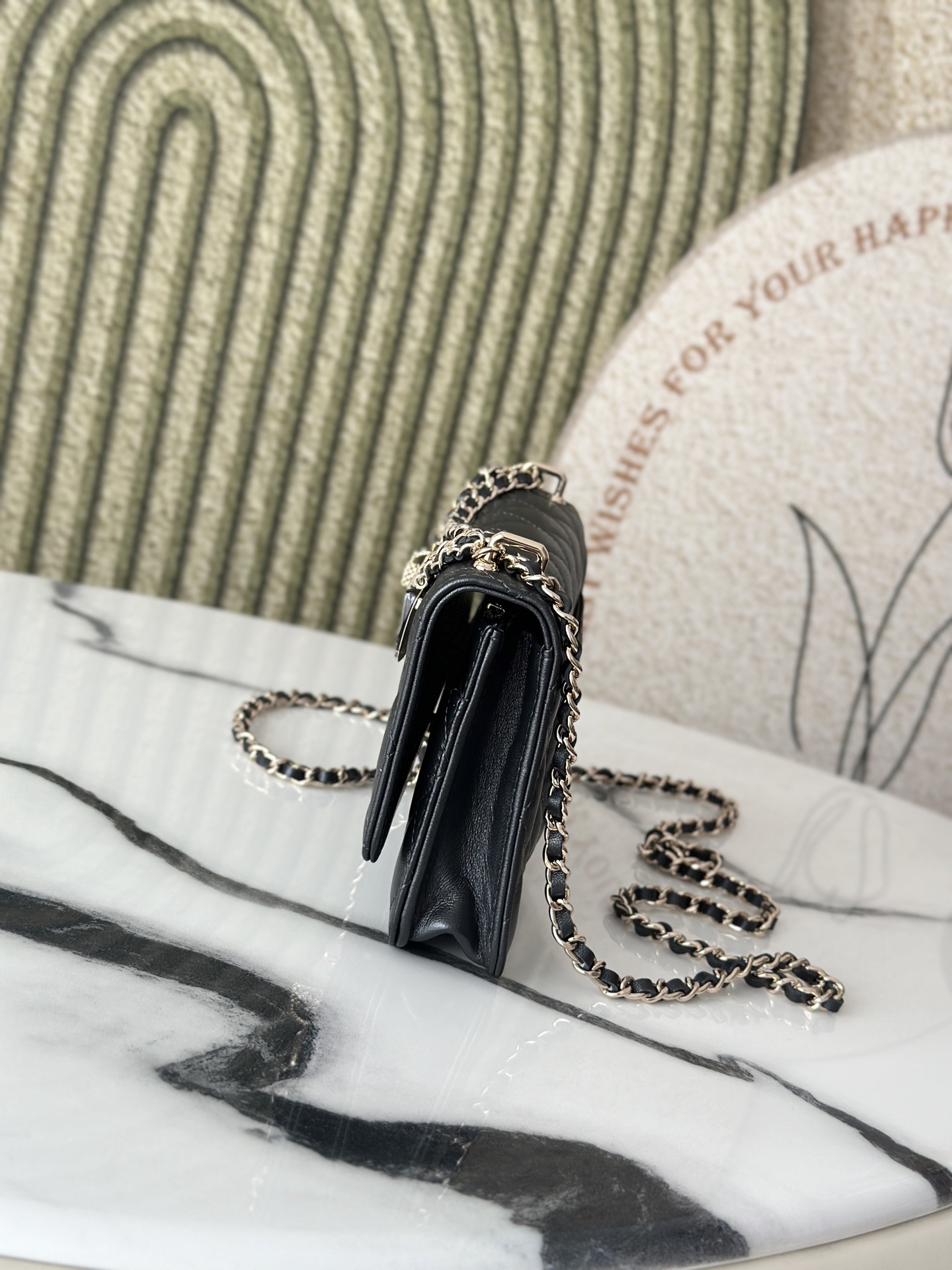 Wallet on Chain with Valentine Charms (AP3984) in Black Lambskin with Gold-Tone Hardware