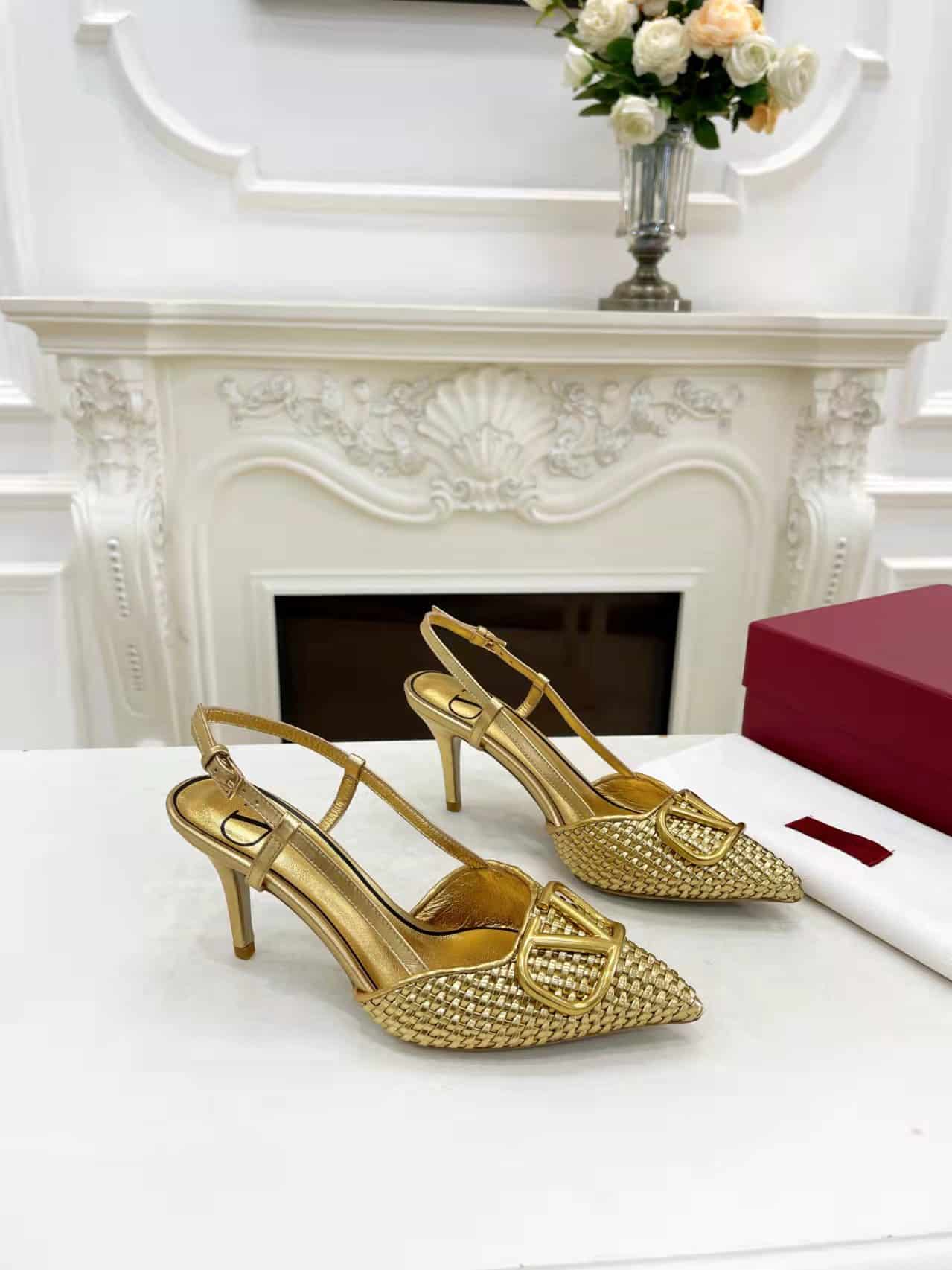 Valentino Garavani Vlogo Woven Leather Slingback Pumps Gold