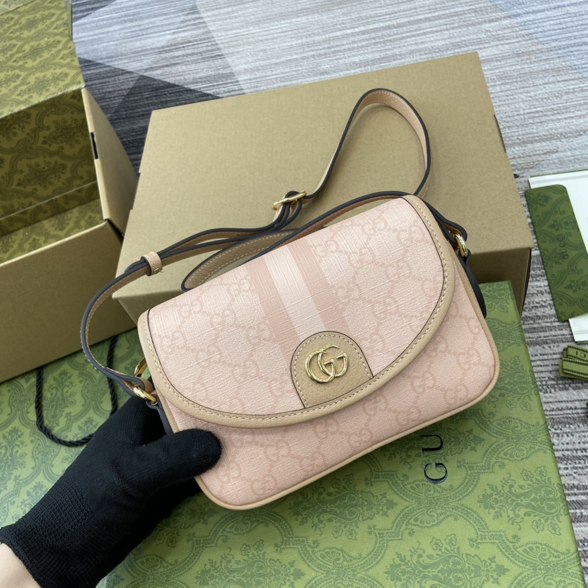 Gucci Monogram Textured Dollar Mini Ophidia Rose Pink