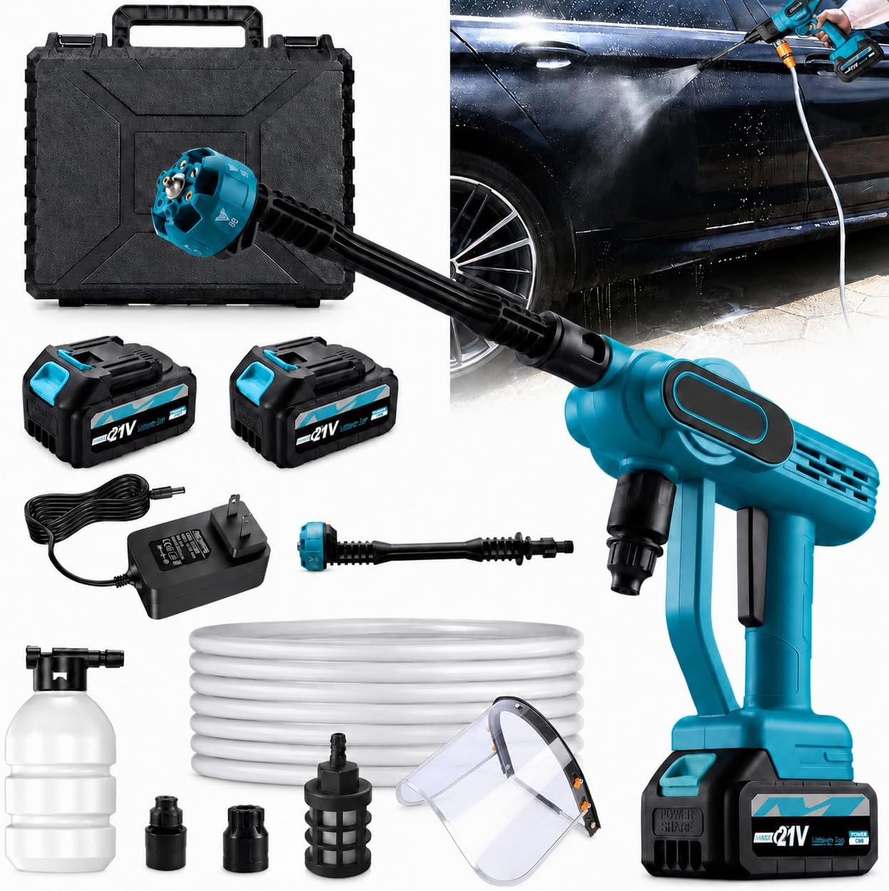 Cordless Portable Pressure Washer, 180 W Brushless Motor with 6-in-1 Nozzle, 5 m Hose, 2pcs 21V Battery&Charger, Handheld Washer for Car,Home,Garden Patio (A)