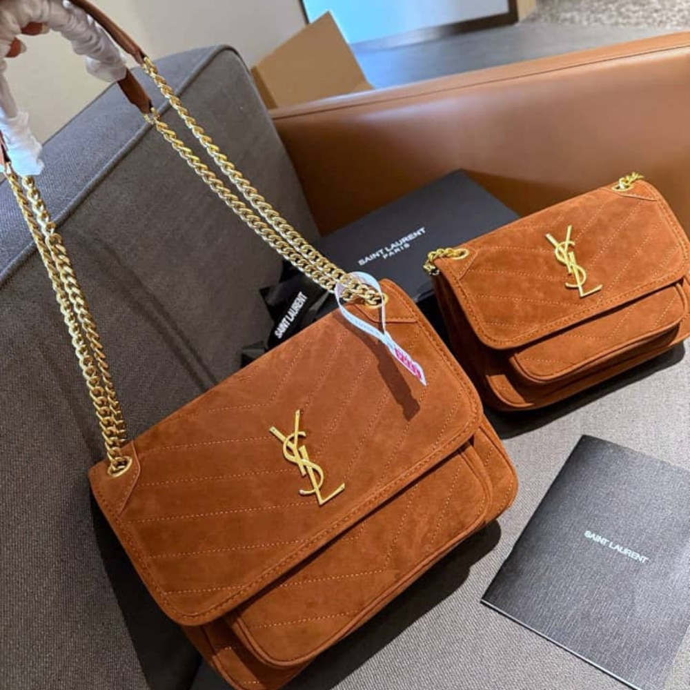 Saint Laurent Niki Baby Quilted Suede Chain Bag Brown 28cm