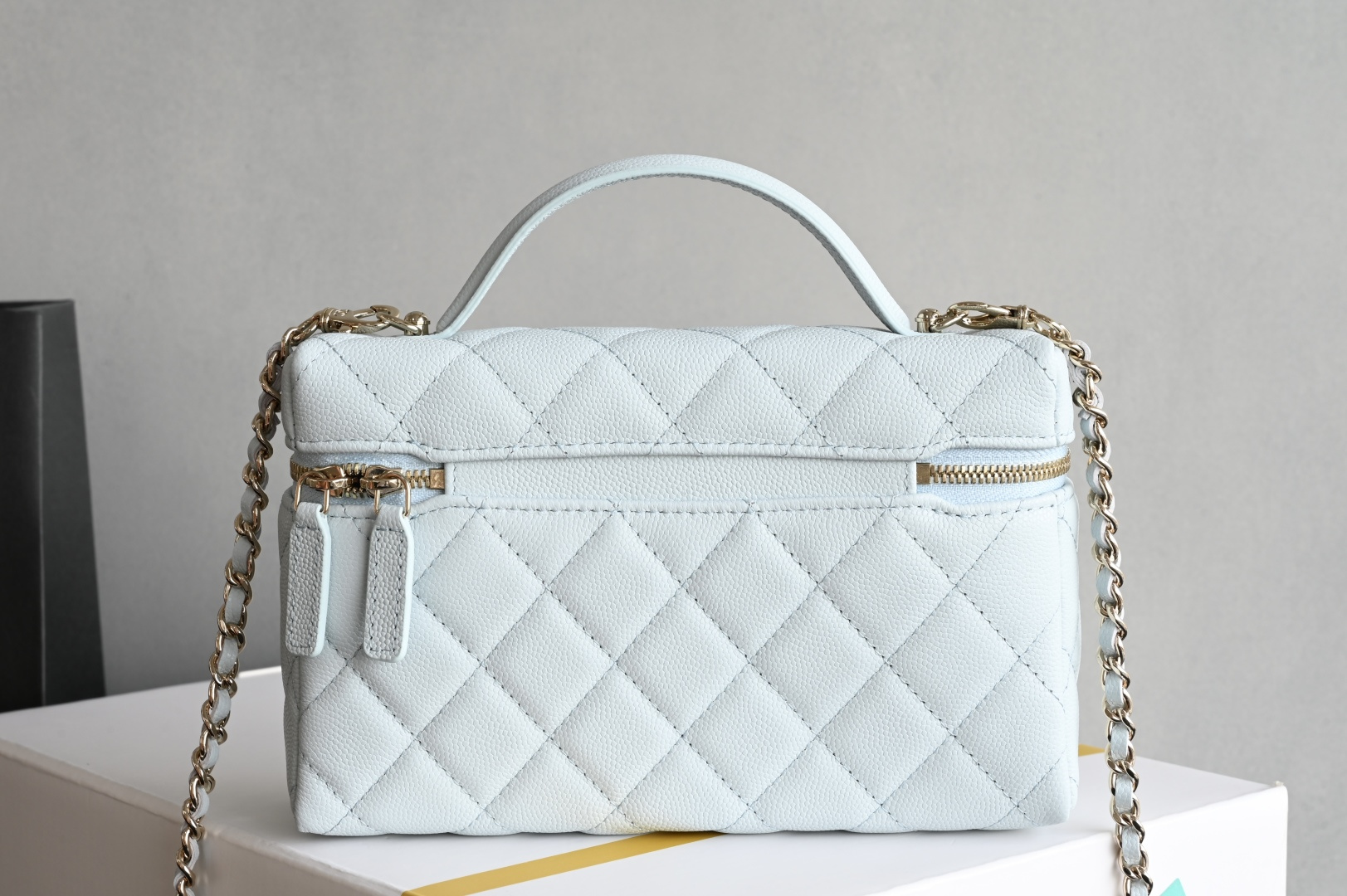 Small Vanity Case (LP Lunch Box Bag) in Baby Blue Quilted Caviar Calfskin with Light Gold-Tone Hardware (25C/25S Collection)