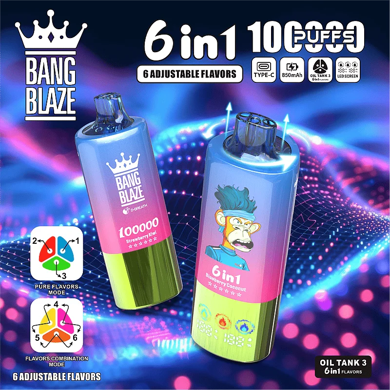 【New Arrive】Bang Blaze 100k Puffs 6 in 1 Flavors Disposable Vape with LED Screen