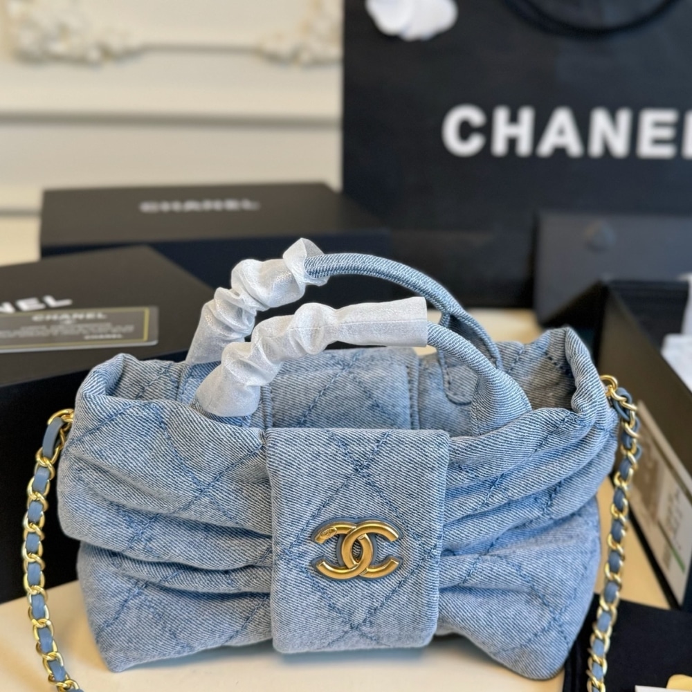 Chanel Mini Bow Bag Washed Denim And Gold Tone Metal Blue 21Cm