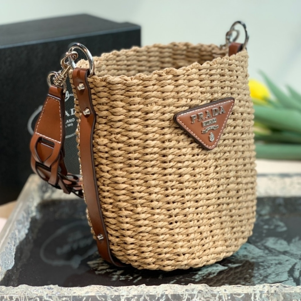 Prada Raffia Woven Bucket Bag Natural 21cm