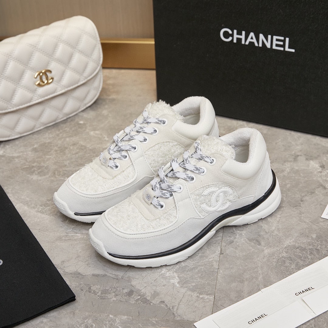 Chanel Velour Tweed Cc Sneakers White