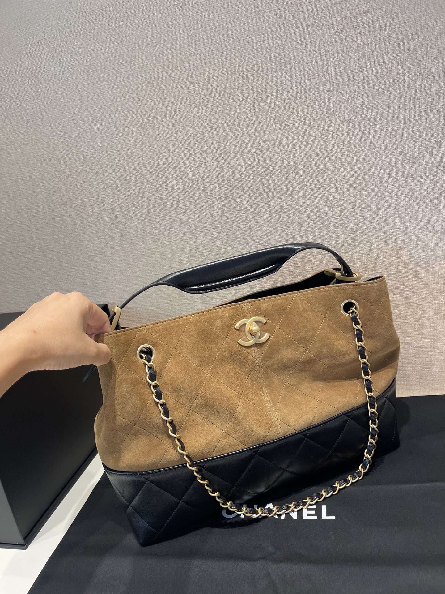 Small Tote (AS5634B) in Beige & Black Suede Calfskin with Shiny Lambskin & Gold-Tone Hardware, 2024/25 Métiers d’art Collection