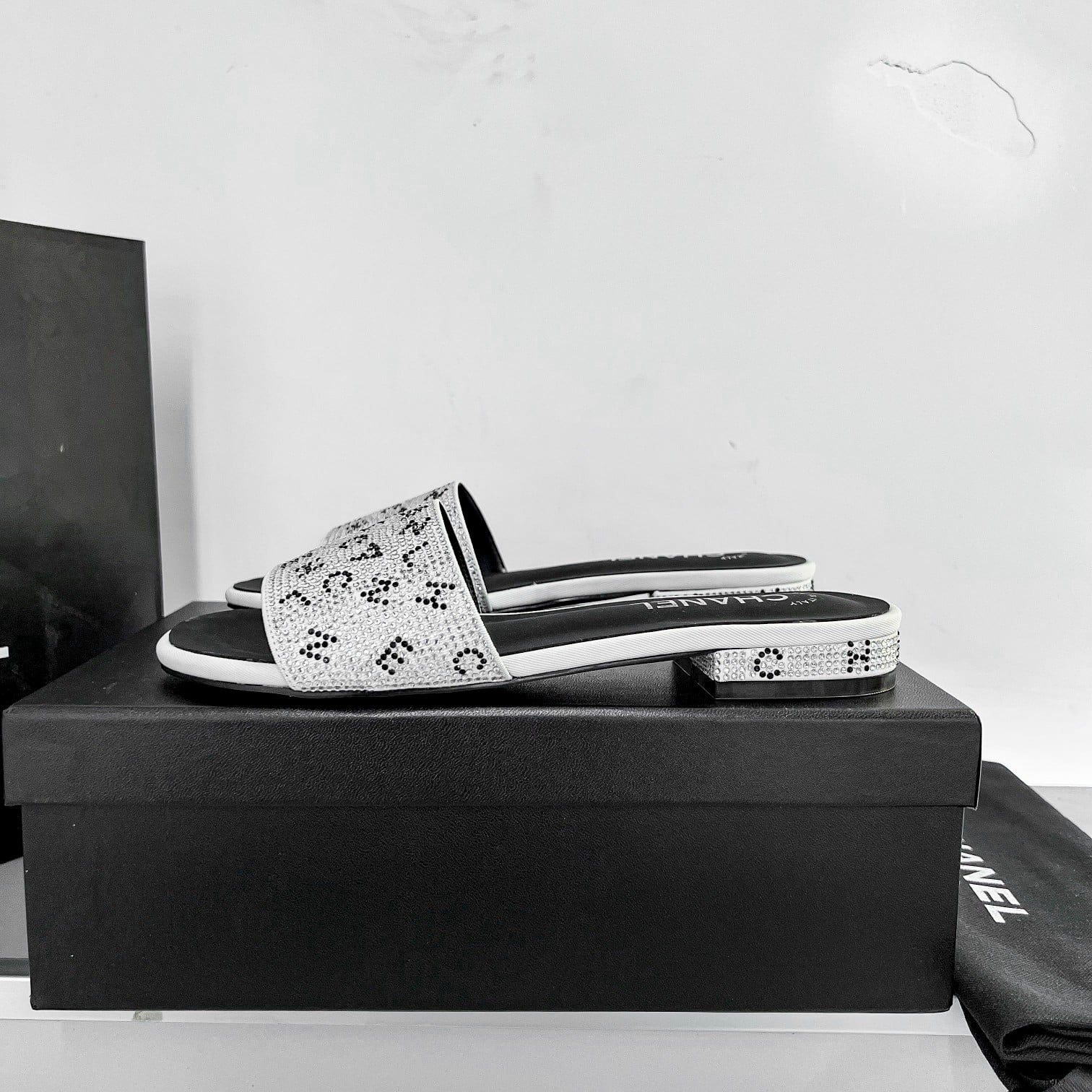 Chanel 24P Beaded Diamond Logo Slippers Silver