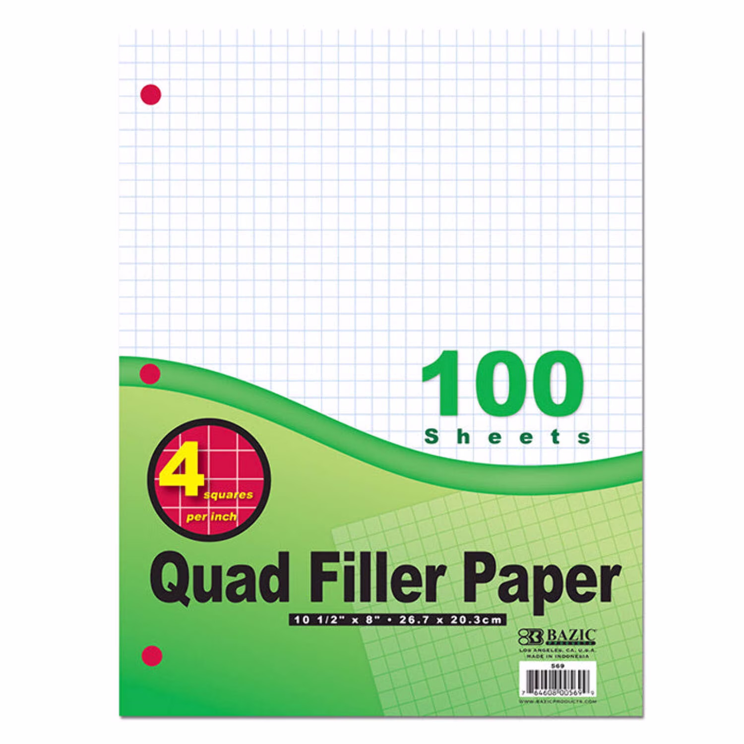 BAZIC Filler Paper Loose Leaf 100 Sheet, 4-1" Quad Ruled, 1-Pack