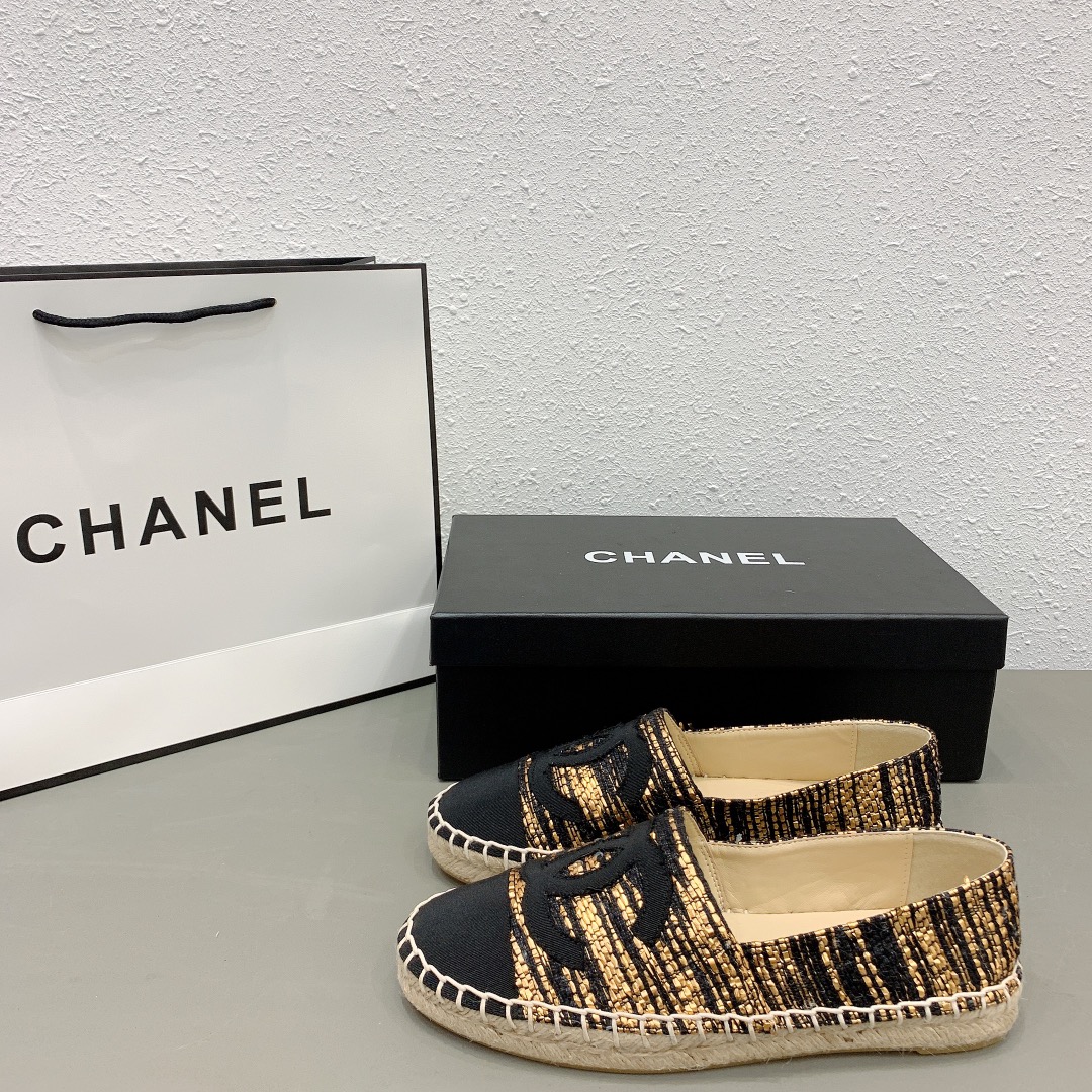 Chanel Metallic Tweed Grosgrain Cc Espadrilles Slip On Gold Black