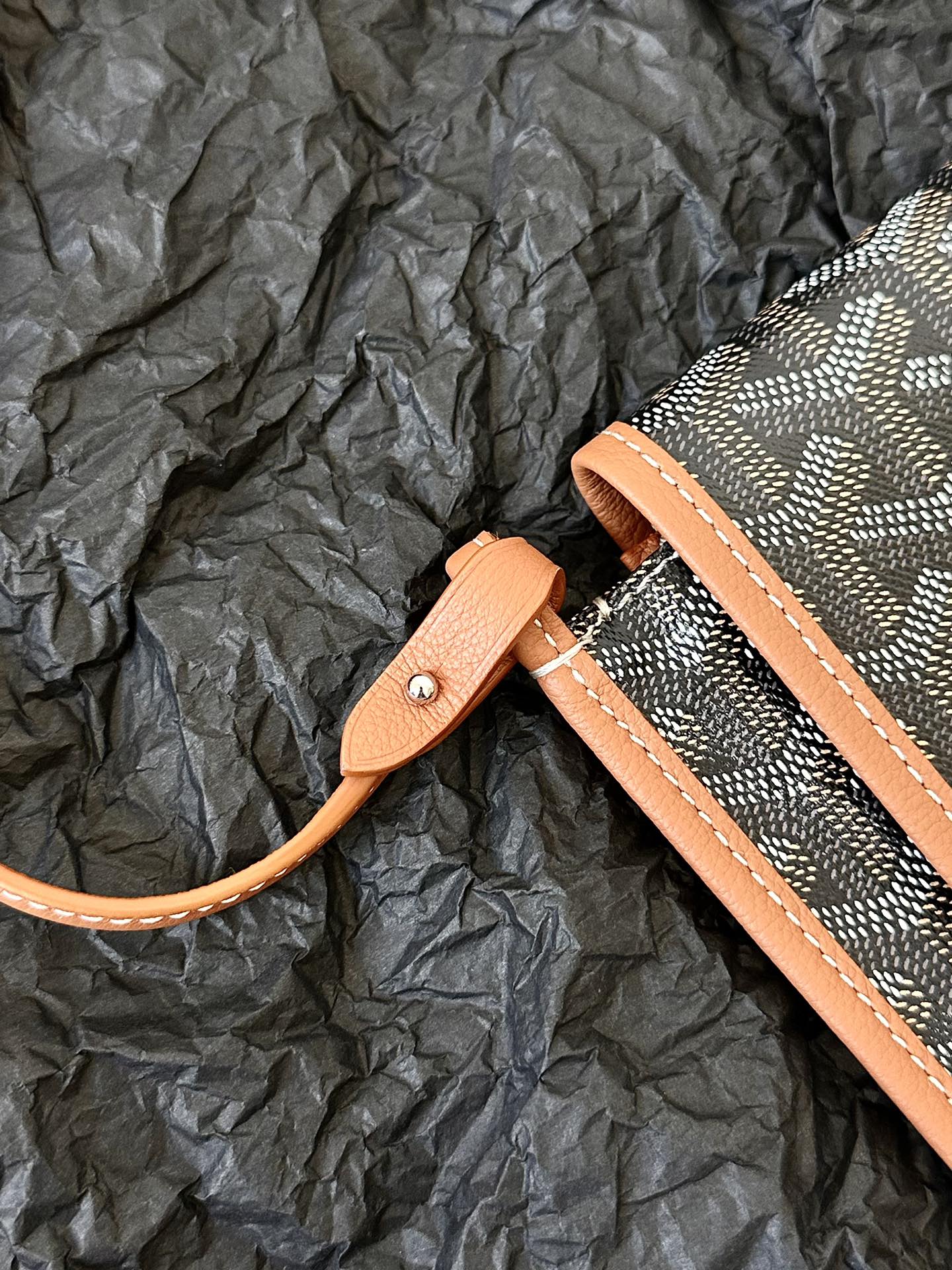 Goyard Plumet Pocket Wallet 20 Cm Black Goyardine Canvas And Tan Lambskin Trim