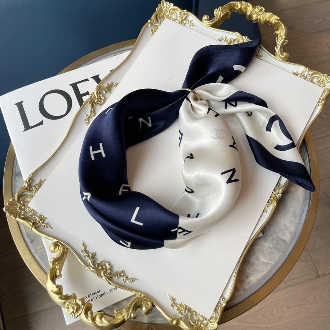 Chanel Multi Letters Square Silk Scarf White Blue