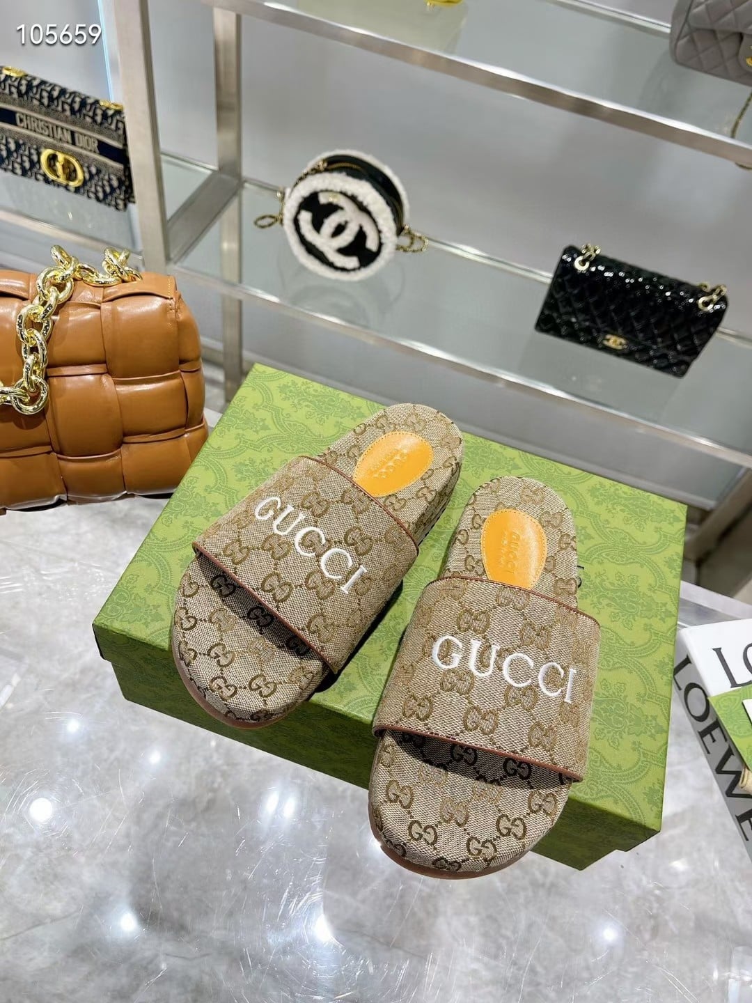 Gucci Women’S Gg Canvas Slide Sandal Beige Ebony