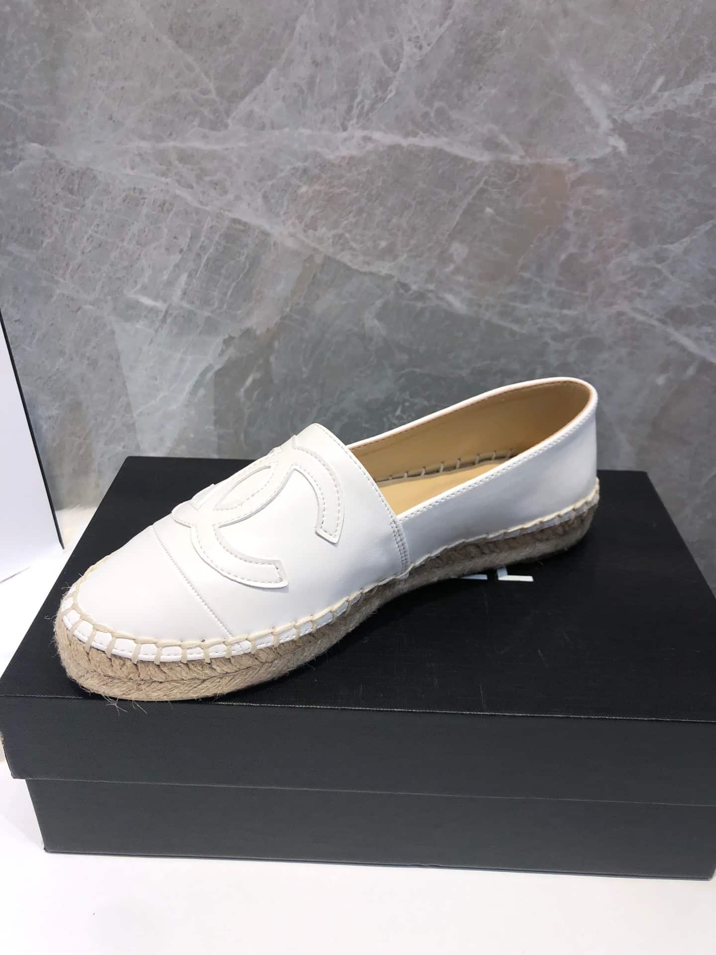 Chanel Embroidered Espadrille Leather Cap Toe Flats White