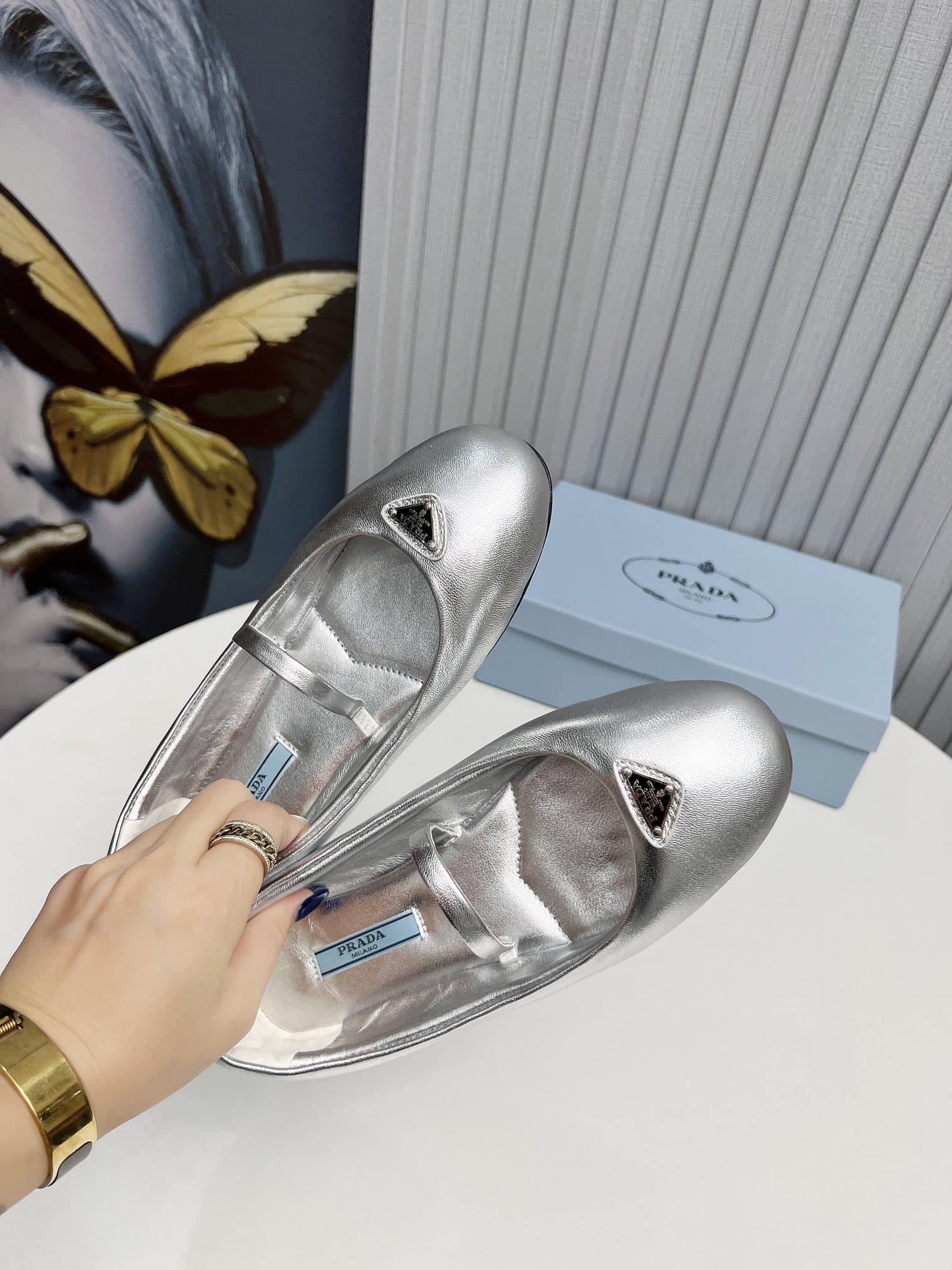 Prada Soft Padded Nappa Leather Ballerinas Silver