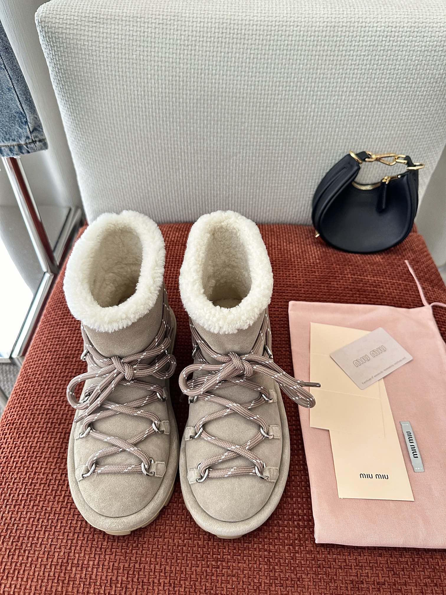 🍓 MIU MIU 24 New Lace-Up Wool Snow Boots