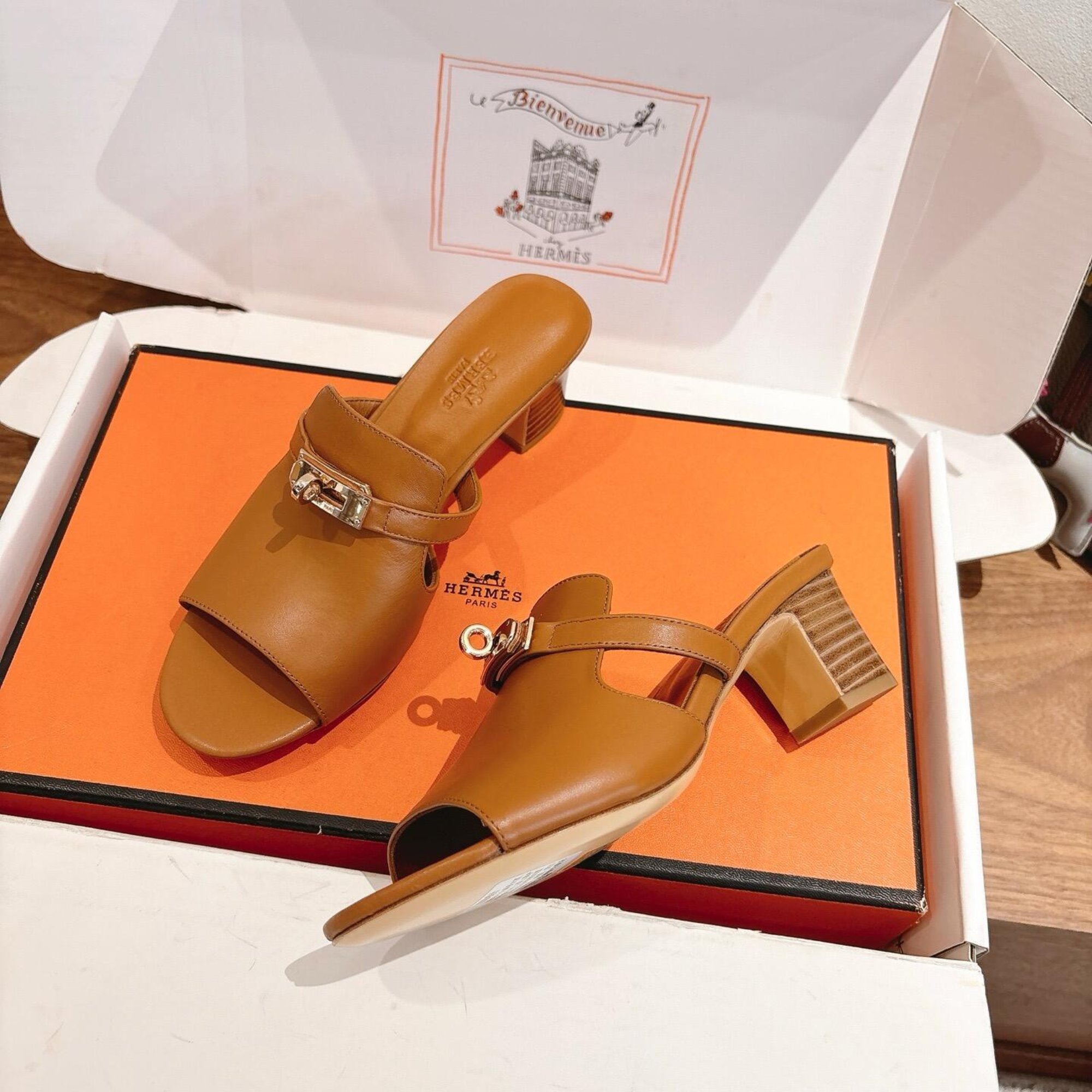 Hermes Brown Leather Mules