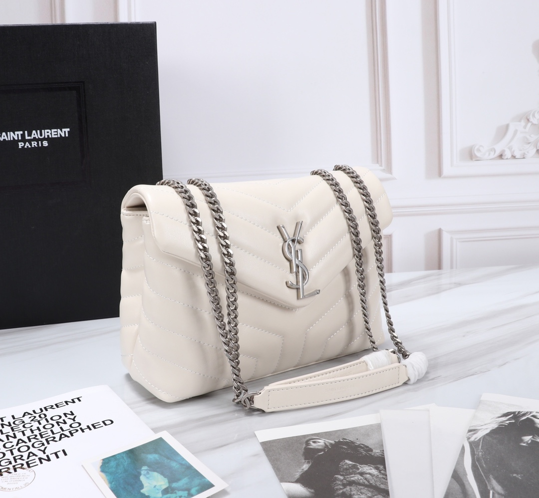 Saint Laurent Loulou Small Chain Bag In Matelassé Y Leather White Silver 23Cm 494699DV726 9207