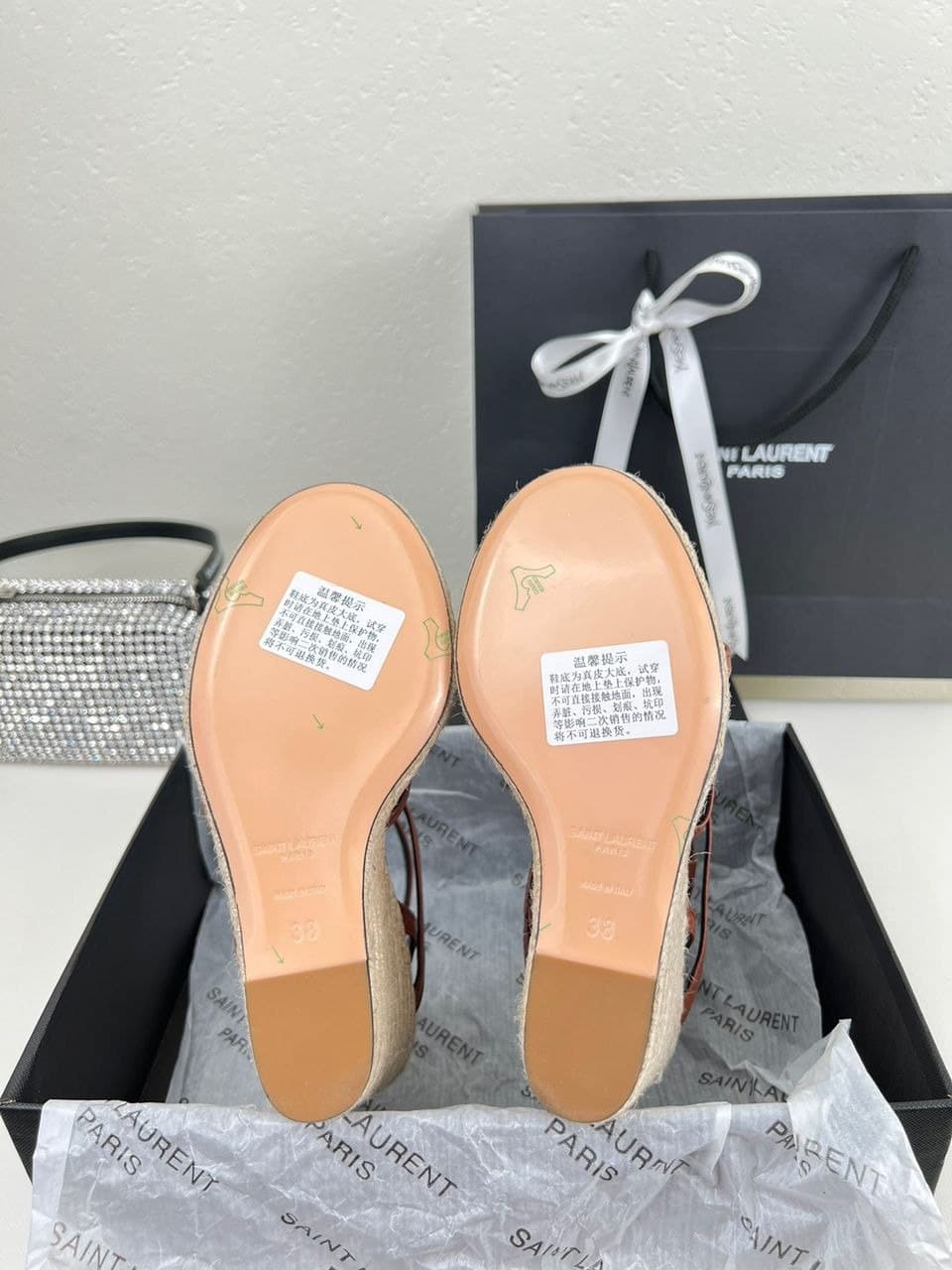 Saint Laurent Cassandra 115 Leather And Raffia Wedge Brown Sandals