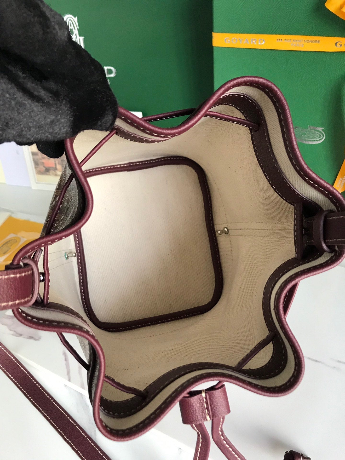 Goyard Petit Flot Bucket Bag 22 Cm Wine Red Goyardine Canvas And Lambskin Trim