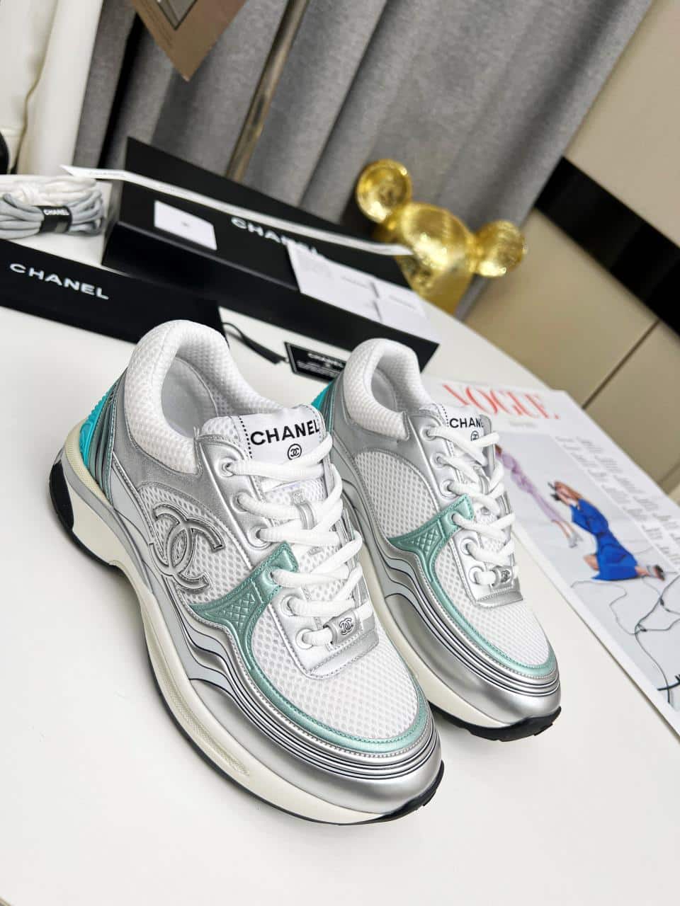 Chanel 23C Silver Metallic Cc Logo Lace Up Flat Runner Trainer Sneaker White Turquoise