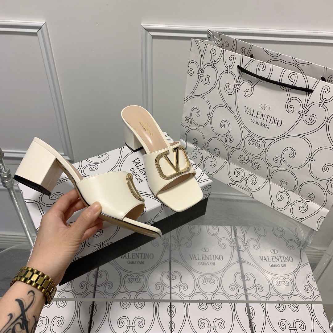 Valentino VLogo Signature Square-Toe Mid-Heel Slide Sandals – White