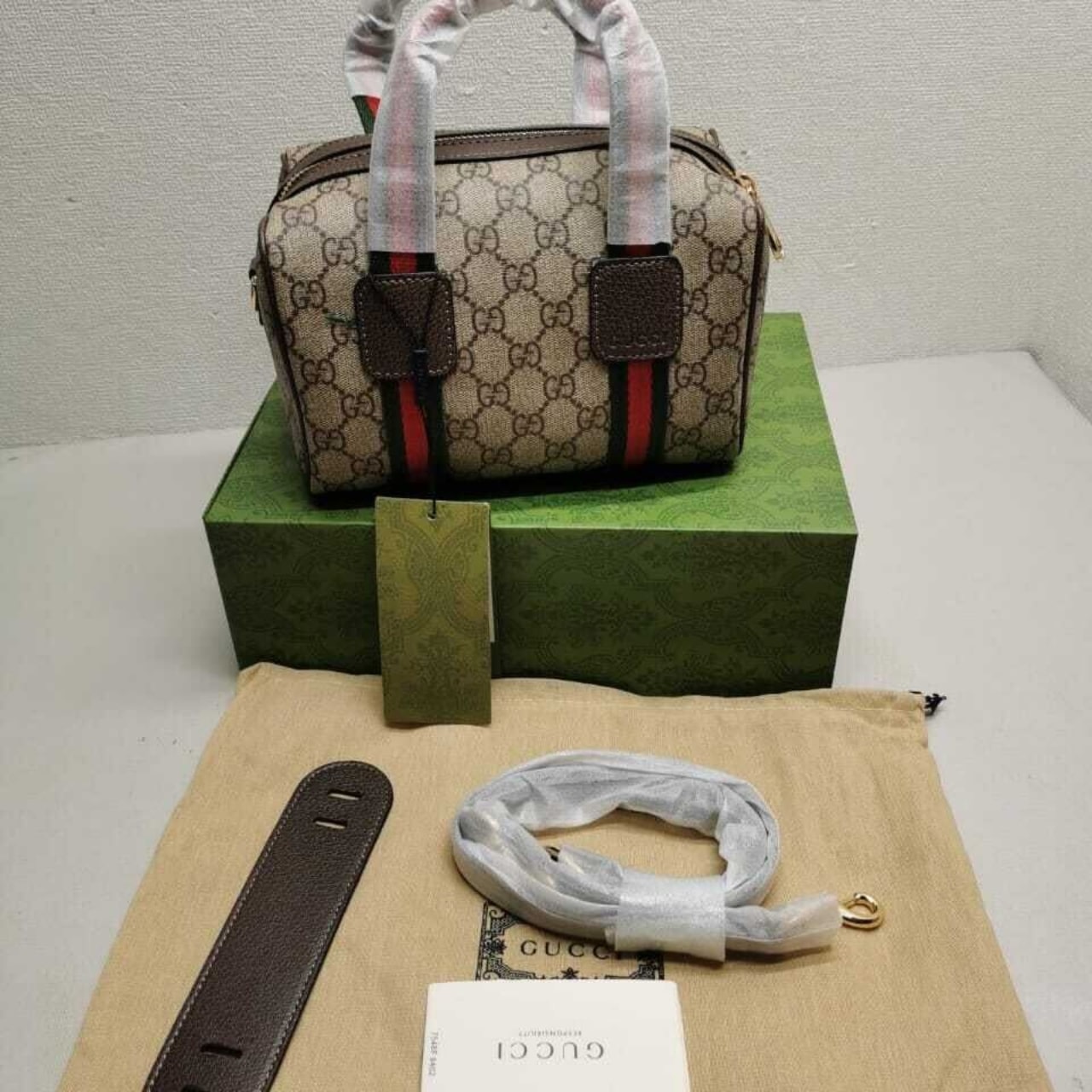 Gucci Mini Gg Duffle Bag Beige And Dark Brown 20cm 859975 Fachl 8844
