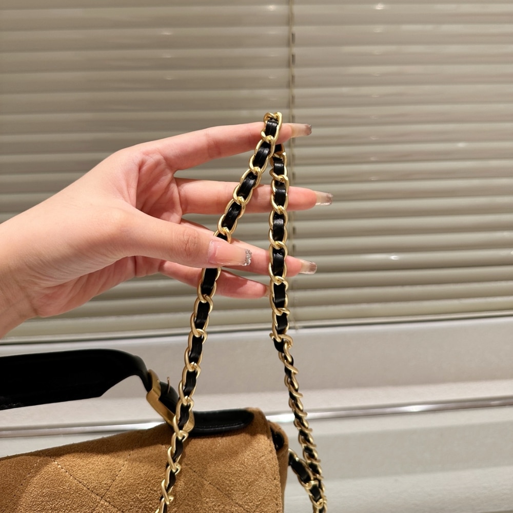 Chanel Large Flap Bag With Top Handle Shiny And Gold Tone Metal Brown Black 29Cm AS5637 B20827 U1536