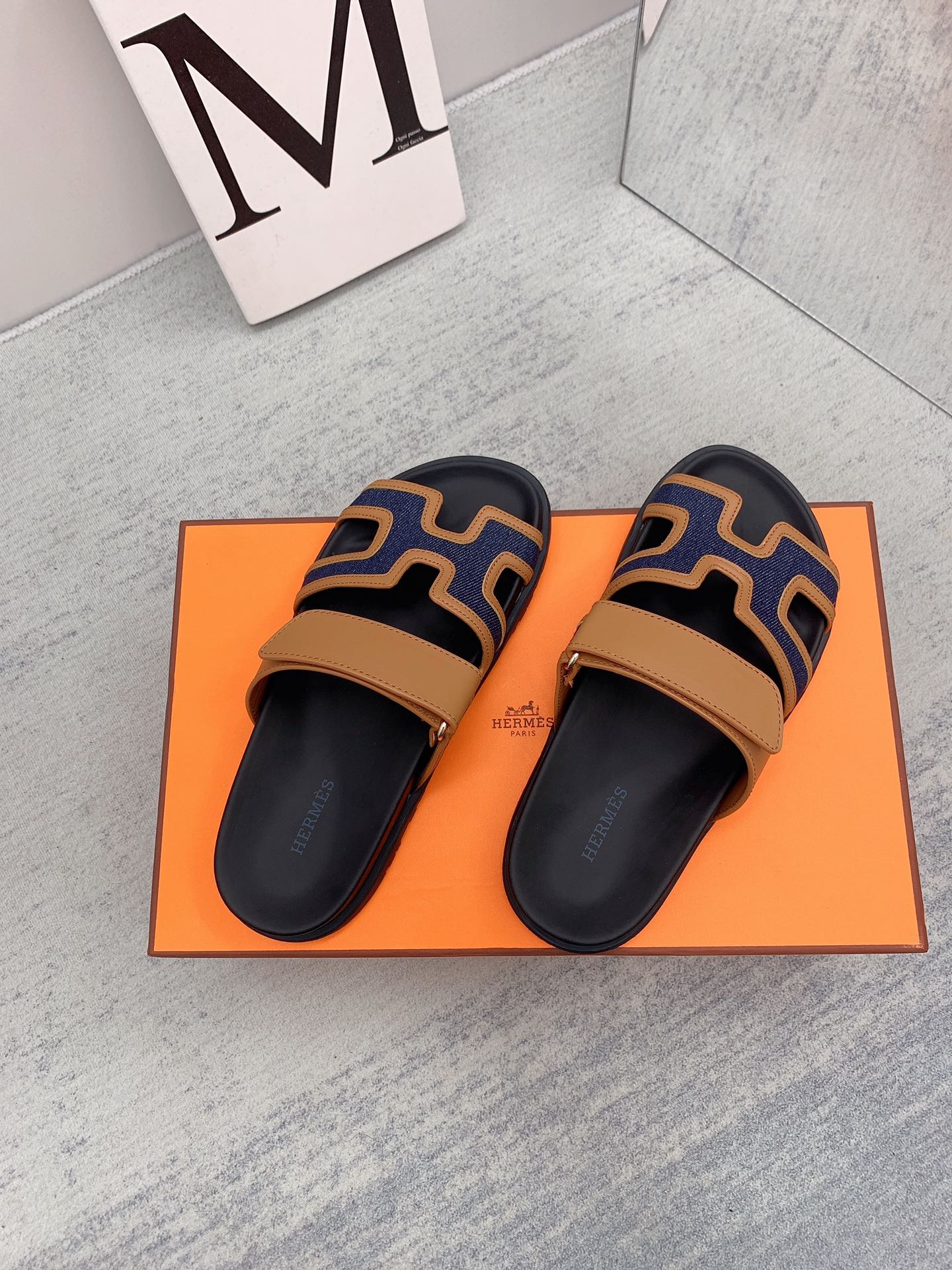 HERMES SANDAL CHYPRE BROWN/DARK BLUE