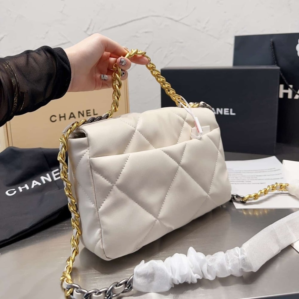 Chanel 19 Flap Bag Shiny Gold And Silver Tone White 26Cm As1161 B04852 10601