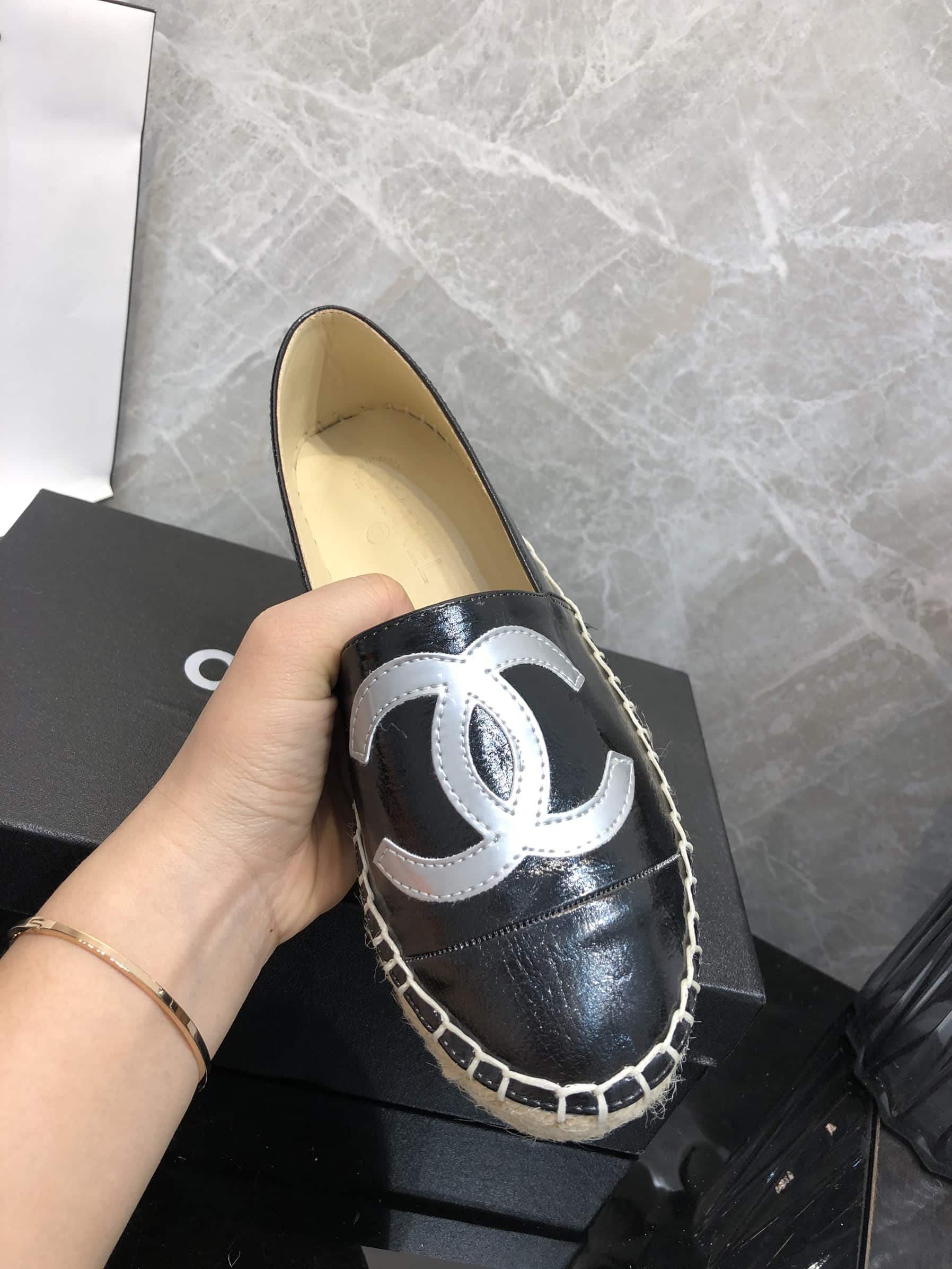 Chanel Embroidered Espadrille Leather Cap Toe Flats Black Cc