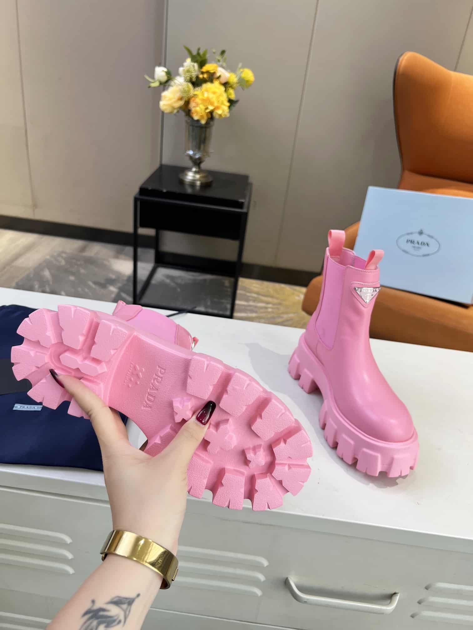 Prada Monolith Brushed Leather Booties Pink