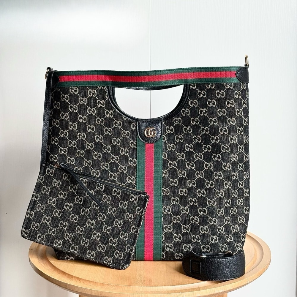 Gucci Giglio Large Tote Bag Black And White GG Denim 39Cm ‎865452 UN3AG 1099