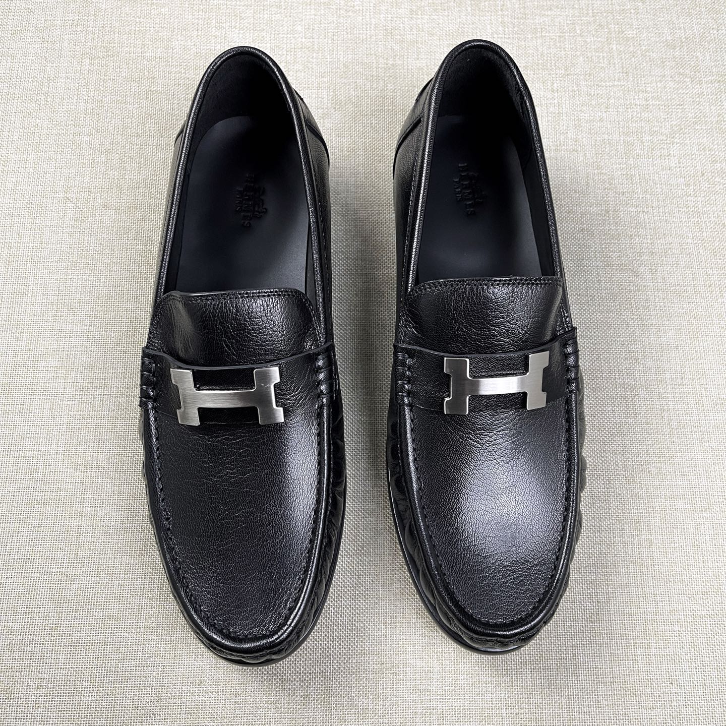 Hermès Iconic H Buckle Leather Loafers Black- Shoes for Men