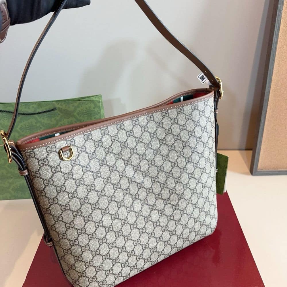 Gucci GG Emblem Medium Bucket Bag Beige And Dark Brown Fabric 31Cm 815103 FAD6L 9758
