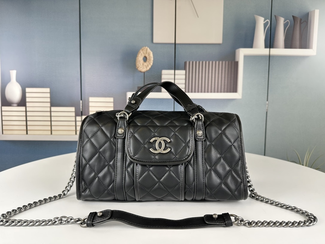 Chanel Casual Riviera Bowling Bag Quilted Calfskin Medium Black 32Cm/12.6in
