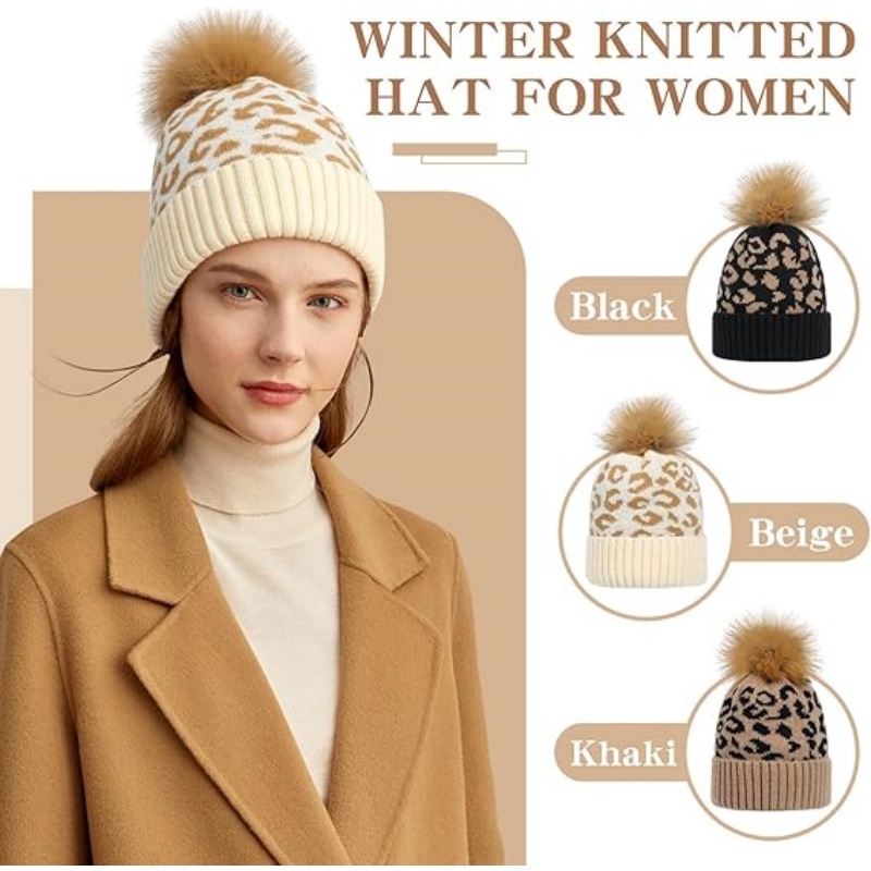 Women Winter Knitted Beanie Hat with Faux Fur Pom
