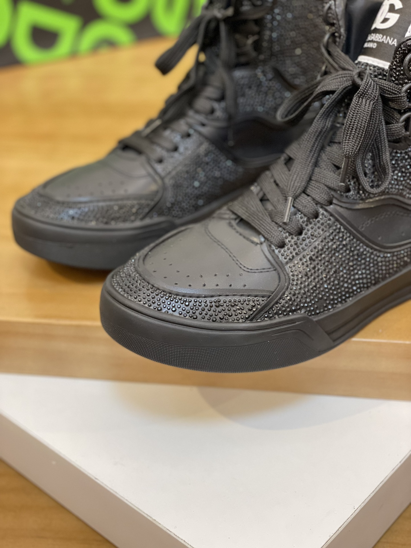 DOLCE & GABBANA Calfskin New Roma high-top sneakers with fusible rhinestones