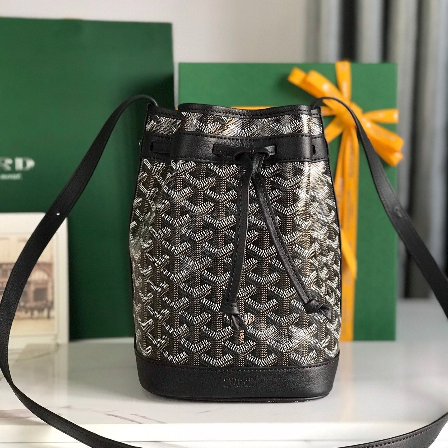 Goyard Petit Flot Bucket Bag 22 Cm Black Goyardine Canvas And Lambskin Trim