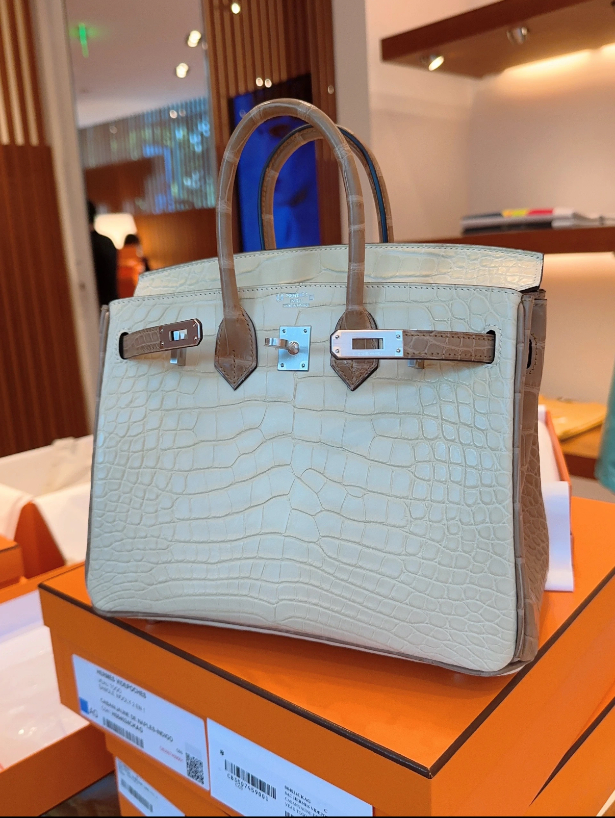 Birkin 25-35 crocodile and ostrich leather accents silver hardware custom