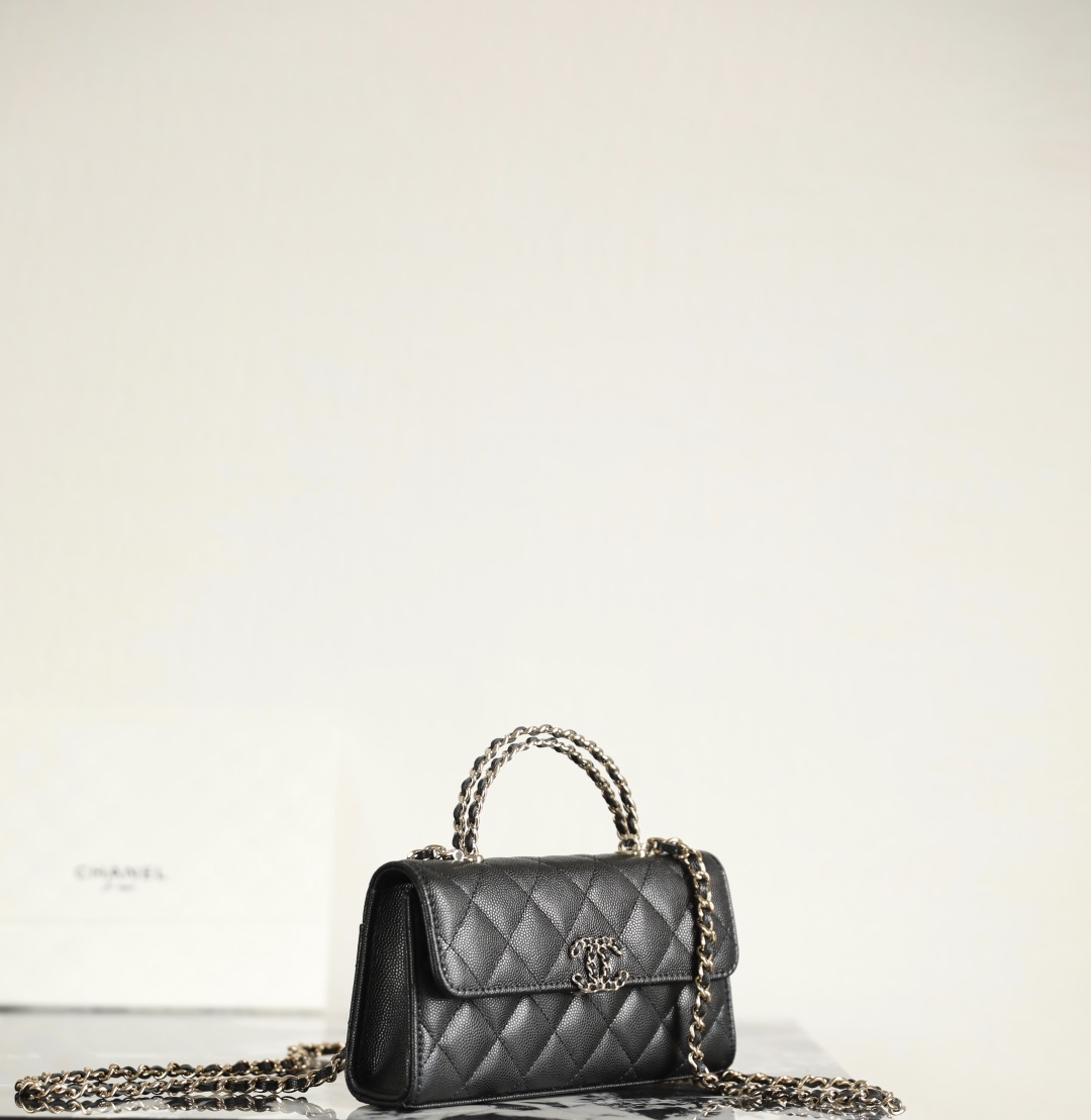Chanel Caviar Quilted Chain Top Handle Phone Holder With Chain Black 18cm
